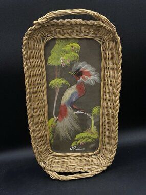 Bird Feathers Mexican Wicker Folk Art Tray 14.5” Vintage